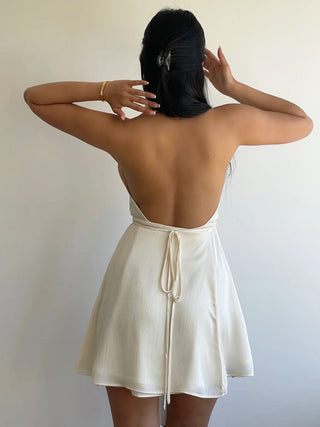 Solid Backless Halter Short Dress