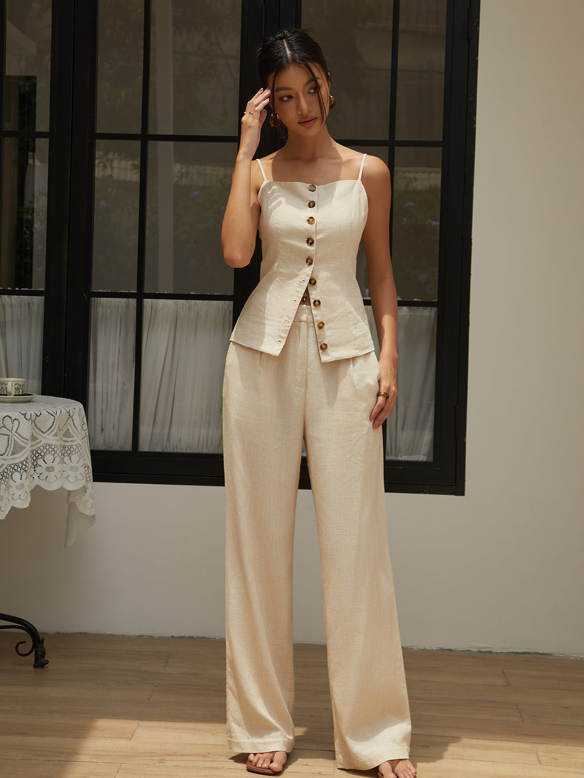 Haut cami boutonné en coton et lin
