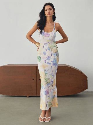 Robe longue dos nu à imprimé floral multiple