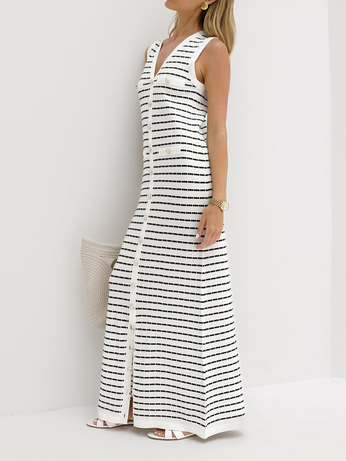 Robe pull longue à boutons en métal rayé