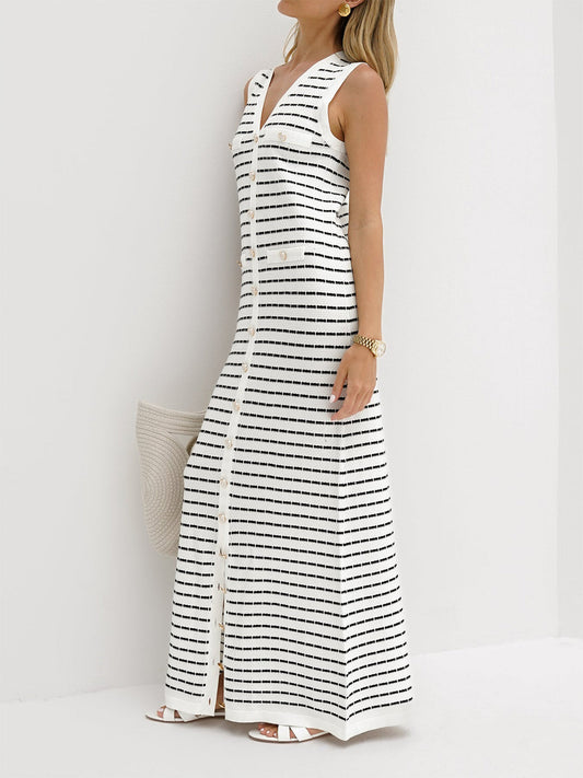 Striped Metal Button Long Sweater Dress