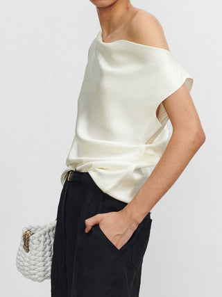 Satin Plain Asymmetrical Neck Blouse