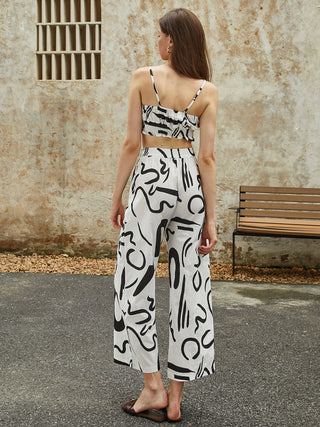 Irregular Print Pockets Belted Pants Set