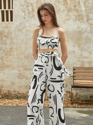 Irregular Print Pockets Belted Pants Set