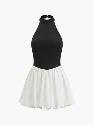 Two-Tone Halter Puff Short Dress