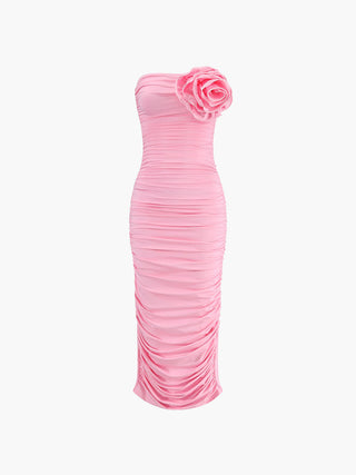 Romantic Ruched Rosette Decor Midi Dress