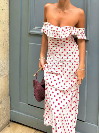 Robe longue à pois à volants et épaules dénudées Sweetie Polka Dot