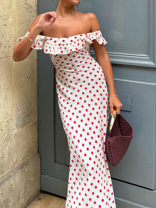 Robe longue à pois à volants et épaules dénudées Sweetie Polka Dot