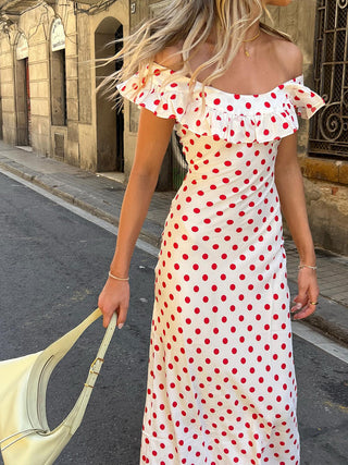 Robe longue à pois à volants et épaules dénudées Sweetie Polka Dot