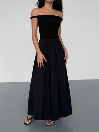 Solid Off-Shoulder Pleated Long Dress