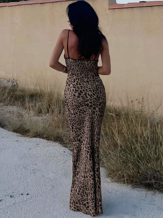 Contrast Binding Leopard Print Knotted Long Dress