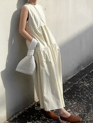 Solid Pockets Sleeveless Long Dress