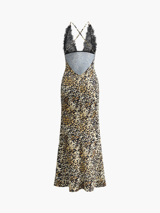 Leopard Print Lace Bra Backless Crisscross Long Dress