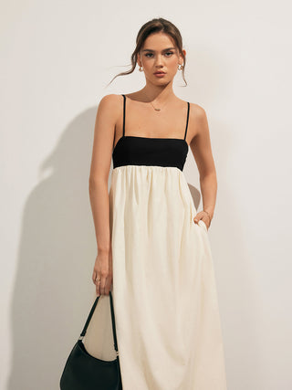 Open Back Contrast Pocket Long Dress