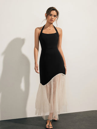 Robe longue slim à col halter avec ourlet en tulle