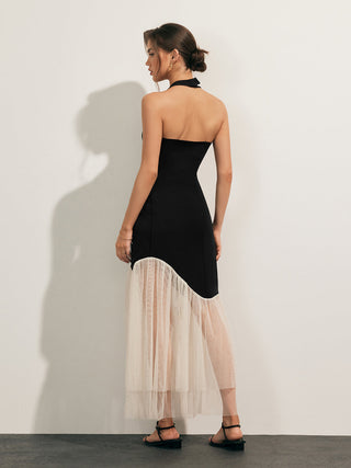 Robe longue slim à col halter avec ourlet en tulle