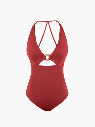 Metal Ring Cutout Halter One Piece Swimsuit