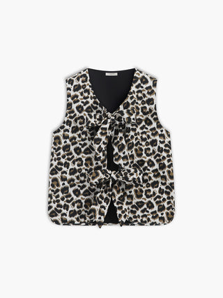 Leopard Print Bow V-neck Vest