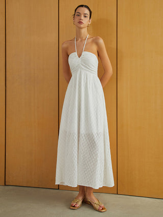 Textured Shirred Halter Knotted Vacation Long Dress