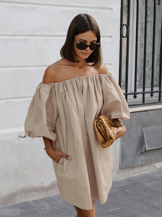 Robe courte en mélange de coton à épaules dénudées