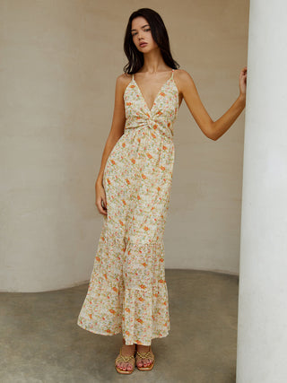 Robe longue cami dos nu croisée et nouée à motif floral