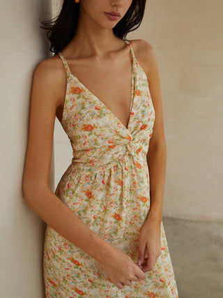 Robe longue cami dos nu croisée et nouée à motif floral