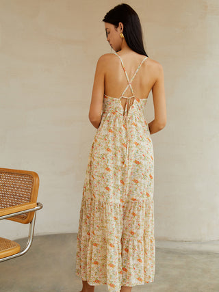 Robe longue cami dos nu croisée et nouée à motif floral