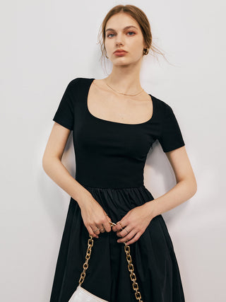 Solid Round Neck Pleated Midi Dress