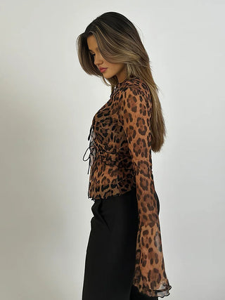 Leopard Print Semi-Sheer Ruffle V-neck Shirt