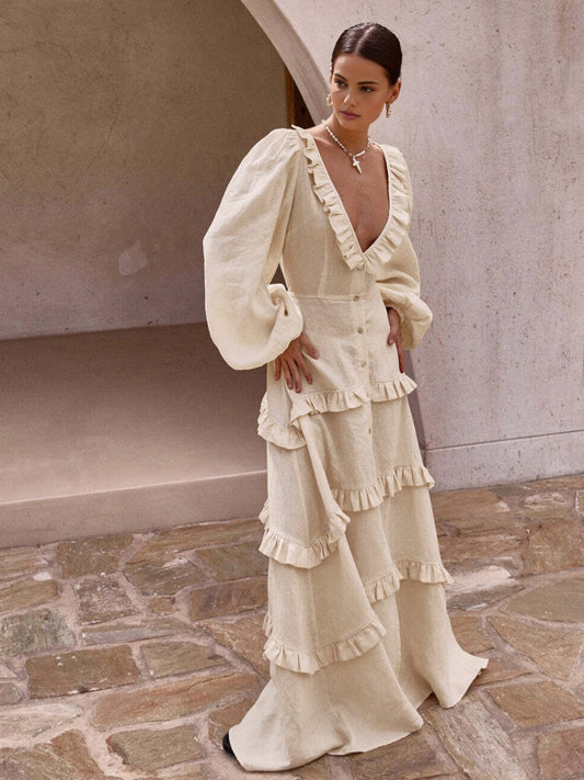 Cotton & Linen V-Neck Ruffle Trim Long Dress