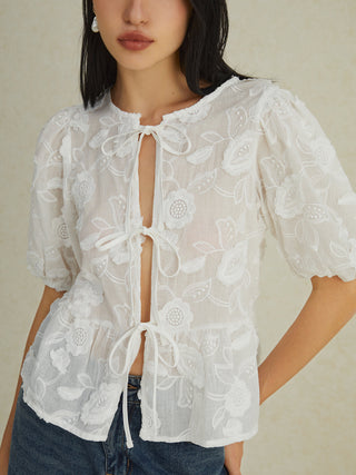 Floral Knotted Puff Sleeve Shirt