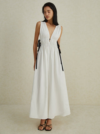 Backless V-neck Drawstring Long Dress