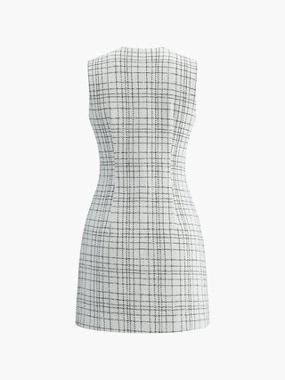 Plaid Print Pearl Button Sleeveless Short Dress