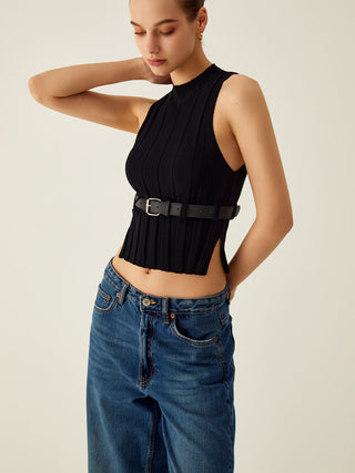 Ribbed Mock Neck Tank Top With Leather Belt