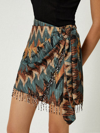 Print Tassel Hem Knotted Mini Skirt