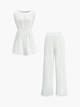 Solid Belted Pleated Pants Set