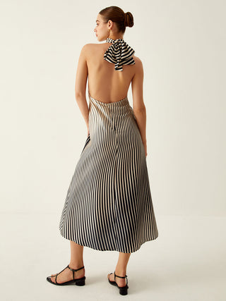 Striped Halter Backless Midi  Dress