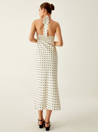 Polka Dot Print V-Neck Halter Midi Dress