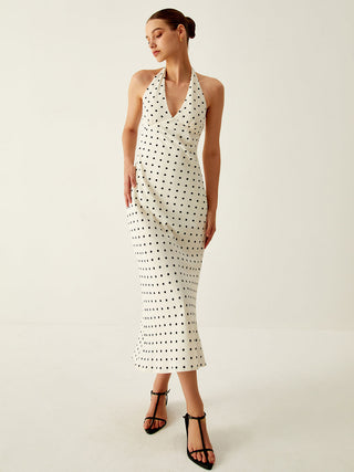 Robe midi à encolure en V et à motif à pois