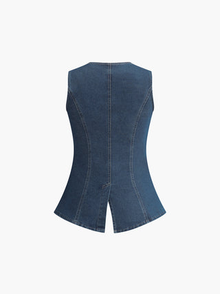 Denim Peplum Vest With Shorts Set