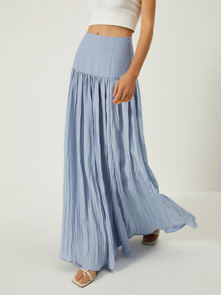 Solid High-Waisted Ruffle Pleated Maxi Skirt