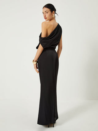 Satin One Shoulder Off Split Long Dress