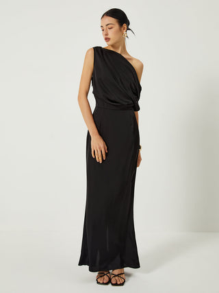 Satin One Shoulder Off Split Long Dress