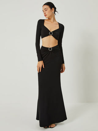 Long Sleeve Crop Top With Long Skirt Set