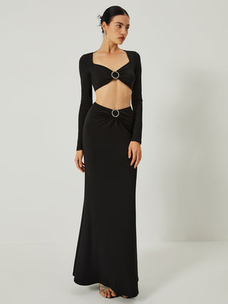 Long Sleeve Crop Top With Long Skirt Set