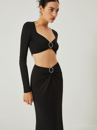 Long Sleeve Crop Top With Long Skirt Set