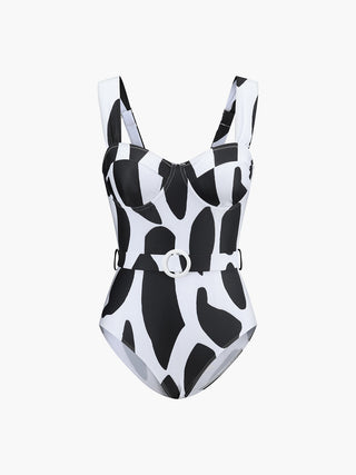 Cow Print Belted One Piece Swimsuit