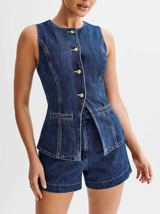 Denim Peplum Vest With Shorts Set