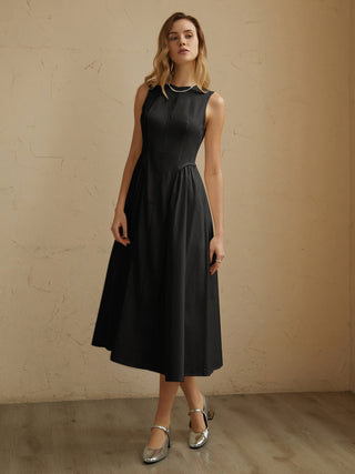 Sleeveless Pockets Pleated Midi Dress