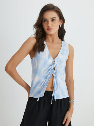 Blue Gingham Tie Front Top